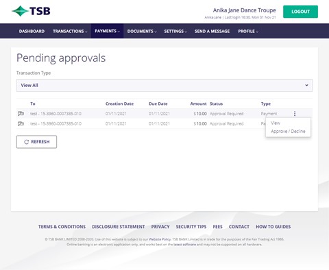 Pending approvals TSB website