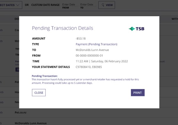 Pending transaction details TSB website