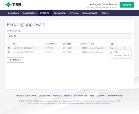 Pending approvals TSB website