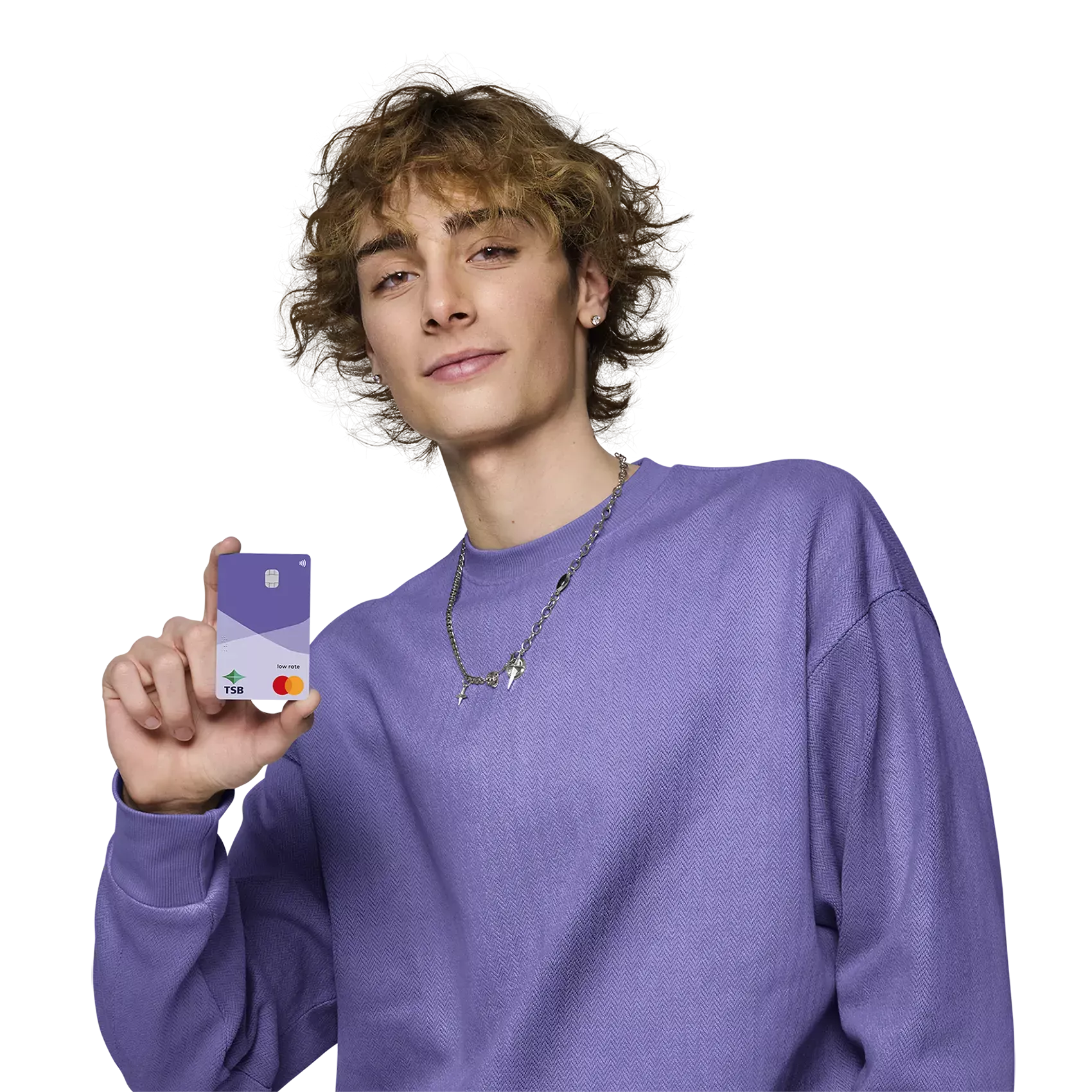 Confident young man in a purple sweatshirt holding up a TSB Low Rate Mastercard