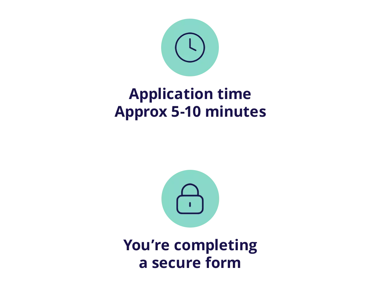 clock icon with application time approx 5 minutes and lock icon with secure form wording